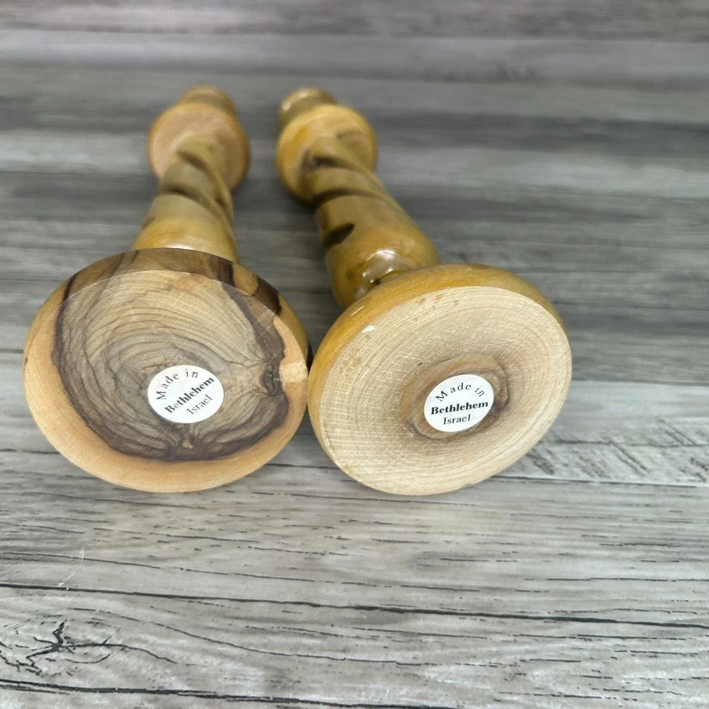 Bethlehem Candle Stick Holders Hand Carved Olive Wood‎ Spiral Pair 2 Set Israel